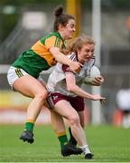 9 July 2021; Louise Ward of Galway in action against Anna Galvin of Kerry during the TG4 Ladies Football All-Ireland Championship Group 4 Round 1 match between Galway and Kerry at Cusack Park in Ennis, Clare. Photo by Brendan Moran/Sportsfile