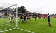 9 July 2021; Eoin Toal of Derry City in action against Sam Bone of St Patrick's Athletic during the SSE Airtricity League Premier Division match between St Patrick's Athletic and Derry City at Richmond Park in Dublin. Photo by Stephen McCarthy/Sportsfile