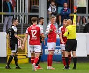 9 July 2021; Referee Neil Doyle issues a red card to Jamie Lennon, right, of St Patrick's Athletic during the SSE Airtricity League Premier Division match between St Patrick's Athletic and Derry City at Richmond Park in Dublin. Photo by Stephen McCarthy/Sportsfile