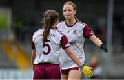 9 July 2021; Siobhán Divilly of Galway and team-mate Kate Geraghty, left, celebrate after the TG4 Ladies Football All-Ireland Championship Group 4 Round 1 match between Galway and Kerry at Cusack Park in Ennis, Clare. Photo by Brendan Moran/Sportsfile