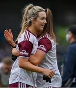 9 July 2021; Ailish Morrissey, left, and Mairéad Seoighe of Galway celebrate after the TG4 Ladies Football All-Ireland Championship Group 4 Round 1 match between Galway and Kerry at Cusack Park in Ennis, Clare. Photo by Brendan Moran/Sportsfile