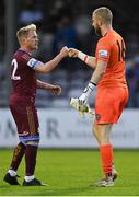 9 July 2021; Galway United players Conor McCormack, left, and Conor Kearns bump fists after the SSE Airtricity League First Division match between Galway United and Cobh Ramblers at Eamonn Deacy Park in Galway. Photo by Piaras Ó Mídheach/Sportsfile