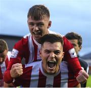 9 July 2021; William Armshaw of Treaty United, top, celebrates with team-mate Charlie Fleming following the SSE Airtricity League First Division match between Treaty United and Shelbourne at Markets Field in Limerick. Photo by Michael P Ryan/Sportsfile
