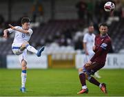 9 July 2021; Stephen O'Leary of Cobh Ramblers shoots under pressure from Conor O'Keeffe of Galway United during the SSE Airtricity League First Division match between Galway United and Cobh Ramblers at Eamonn Deacy Park in Galway. Photo by Piaras Ó Mídheach/Sportsfile
