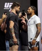 9 July 2021; Opponents Carlos Condit and Max Griffin, right, face off during UFC 264 weigh-ins at the T-Mobile Arena in Las Vegas, Nevada, USA. Photo by Thomas King/Sportsfile