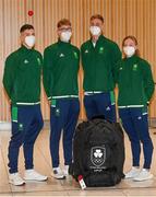 10 July 2021; Team Ireland swimmers, from left, Darragh Greene, Daniel Wiffen, Mona McSharry and Shane Ryan at Dublin Airport on their departure for the Tokyo 2020 Olympic Games. Photo by Ramsey Cardy/Sportsfile
