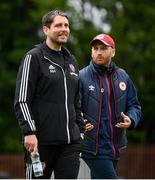 9 July 2021; Derry City manager Ruaidhrí Higgins, left, and St Patrick's Athletic head coach Stephen O'Donnell before the SSE Airtricity League Premier Division match between St Patrick's Athletic and Derry City at Richmond Park in Dublin. Photo by Stephen McCarthy/Sportsfile