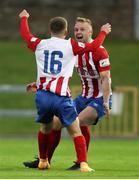 9 July 2021; William Armshaw of Treaty United, left, celebrates after scoring his side's first goal with team-mate Joe Collins of Treaty United during the SSE Airtricity League First Division match between Treaty United and Shelbourne at Markets Field in Limerick. Photo by Michael P Ryan/Sportsfile