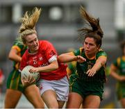 10 July 2021; Eimear Kiely of Cork is tackled by Shauna Ennis of Meath during the TG4 All-Ireland Senior Ladies Football Championship Group 2 Round 1 match between Cork and Meath at St Brendan's Park in Birr, Offaly. Photo by Ray McManus/Sportsfile