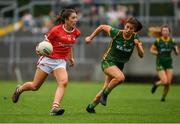 10 July 2021; Ciara O'Sullivan of Cork races past Emma Troy of Meath during the TG4 All-Ireland Senior Ladies Football Championship Group 2 Round 1 match between Cork and Meath at St Brendan's Park in Birr, Offaly. Photo by Ray McManus/Sportsfile