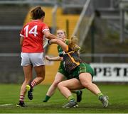 10 July 2021; Bríd O'Sullivan of Cork shoots past Meath goalkeeper Monica McGuirk and Orlagh Lally to score a first half goal during the TG4 All-Ireland Senior Ladies Football Championship Group 2 Round 1 match between Cork and Meath at St Brendan's Park in Birr, Offaly. Photo by Ray McManus/Sportsfile