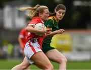 10 July 2021; Eimear Kiely of Cork is tackled by Bridgetta Lynch of Meath during the TG4 All-Ireland Senior Ladies Football Championship Group 2 Round 1 match between Cork and Meath at St Brendan's Park in Birr, Offaly. Photo by Ray McManus/Sportsfile