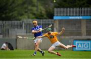 10 July 2021; Podge Delaney of Laois in action against Conal Cunning of Antrim during the GAA Hurling All-Ireland Senior Championship preliminary round match between Antrim and Laois at Parnell Park in Dublin. Photo by Seb Daly/Sportsfile