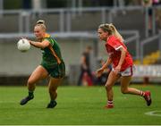 10 July 2021; Vikki Wall of Meath is tackled by Orla Finn of Cork during the TG4 All-Ireland Senior Ladies Football Championship Group 2 Round 1 match between Cork and Meath at St Brendan's Park in Birr, Offaly. Photo by Ray McManus/Sportsfile