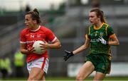 10 July 2021; Bríd O'Sullivan of Cork in action against Mary Kate Lynch of Meath during the TG4 All-Ireland Senior Ladies Football Championship Group 2 Round 1 match between Cork and Meath at St Brendan's Park in Birr, Offaly. Photo by Ray McManus/Sportsfile