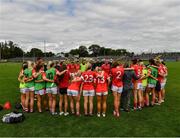 10 July 2021; Cork manager Ephie Fitzgerald talking to the Cork players after the TG4 All-Ireland Senior Ladies Football Championship Group 2 Round 1 match between Cork and Meath at St Brendan's Park in Birr, Offaly. Photo by Ray McManus/Sportsfile