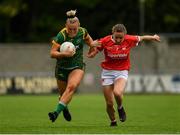 10 July 2021; Vikki Wall of Meath is tackled by Melissa Duggan of Cork during the TG4 All-Ireland Senior Ladies Football Championship Group 2 Round 1 match between Cork and Meath at St Brendan's Park in Birr, Offaly. Photo by Ray McManus/Sportsfile