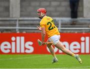 10 July 2021; Eoin O’Neill of Antrim celebrates after scoring his side's first goal during the GAA Hurling All-Ireland Senior Championship preliminary round match between Antrim and Laois at Parnell Park in Dublin. Photo by Seb Daly/Sportsfile