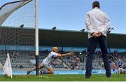 10 July 2021; Laois goalkeeper Enda Rowland saves a penalty from Antrim's Neil McManus during the GAA Hurling All-Ireland Senior Championship preliminary round match between Antrim and Laois at Parnell Park in Dublin. Photo by Seb Daly/Sportsfile