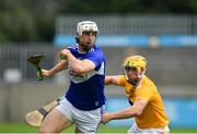 10 July 2021; Ryan Mullaney of Laois in action against Conor Johnston of Antrim during the GAA Hurling All-Ireland Senior Championship preliminary round match between Antrim and Laois at Parnell Park in Dublin. Photo by Seb Daly/Sportsfile