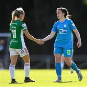 10 July 2021; Aoife Brophy of DLR Waves and Sophie Liston of Cork City after the SSE Airtricity Women's National League match between DLR Waves and Cork City at UCD Bowl in Belfield, Dublin. Photo by Ben McShane/Sportsfile