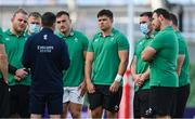 10 July 2021; Ireland forwards Finlay Bealham, John Ryan, Rónan Kelleher, Dave Heffernan, Peter Dooley and Rob Herring listen to referee Mathieu Raynal before the International Rugby Friendly match between Ireland and USA at the Aviva Stadium in Dublin. Photo by Brendan Moran/Sportsfile