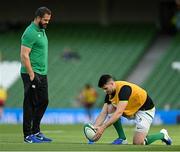 10 July 2021; Ireland head coach Andy Farrell and Harry Byrne of Ireland before the International Rugby Friendly match between Ireland and USA at the Aviva Stadium in Dublin. Photo by Ramsey Cardy/Sportsfile