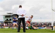 10 July 2021; Brian Kennedy of Tyrone shoots to score his side's first goal during the Ulster GAA Football Senior Championship quarter-final match between Tyrone and Cavan at Healy Park in Omagh, Tyrone. Photo by Stephen McCarthy/Sportsfile