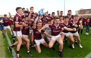 10 July 2021; Galway captain Adam Nolan lifts the cup after the 2020 Electric Ireland GAA Hurling All-Ireland Minor Championship Final match between Kilkenny and Galway at MW Hire O'Moore Park in Portlaoise, Laois. Photo by Matt Browne/Sportsfile