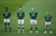 10 July 2021; Ireland players, from left, Robert Baloucoune, Fineen Wycherley, Gavin Coombes and Craig Casey before the International Rugby Friendly match between Ireland and USA at the Aviva Stadium in Dublin. Photo by Ramsey Cardy/Sportsfile