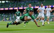10 July 2021; Robert Baloucoune of Ireland scores his side's first try during the International Rugby Friendly match between Ireland and USA at the Aviva Stadium in Dublin. Photo by Brendan Moran/Sportsfile