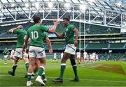 10 July 2021; Robert Baloucoune of Ireland is congratulated by team-mate Joey Carbery, left, after scoring their side's first try during the International Rugby Friendly match between Ireland and USA at the Aviva Stadium in Dublin. Photo by Brendan Moran/Sportsfile