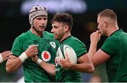 10 July 2021; Hugo Keenan of Ireland celebrates with teammate Fineen Wycherley, left, after scoring a try during the International Rugby Friendly match between Ireland and USA at the Aviva Stadium in Dublin. Photo by Ramsey Cardy/Sportsfile