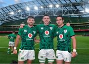 10 July 2021; Hugo Keenan, left, Nick Timoney, centre, and Joey Carbery of Ireland after the International Rugby Friendly match between Ireland and USA at the Aviva Stadium in Dublin. Photo by Ramsey Cardy/Sportsfile