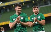 10 July 2021; Harry Byrne, left, and Hugo Keenan of Ireland after the International Rugby Friendly match between Ireland and USA at the Aviva Stadium in Dublin. Photo by Ramsey Cardy/Sportsfile