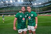 10 July 2021; Tom O'Toole, left, and James Hume of Ireland after the International Rugby Friendly match between Ireland and USA at the Aviva Stadium in Dublin. Photo by Ramsey Cardy/Sportsfile
