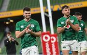10 July 2021; Harry Byrne, left, and Hugo Keenan of Ireland after the International Rugby Friendly match between Ireland and USA at the Aviva Stadium in Dublin. Photo by Ramsey Cardy/Sportsfile