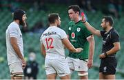 10 July 2021; Riekert Hattingh of USA is shown a red card by referee Mathieu Raynal during the International Rugby Friendly match between Ireland and USA at the Aviva Stadium in Dublin. Photo by Brendan Moran/Sportsfile