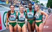 11 July 2021; The Ireland 4x100 relay team, from left, Aoife Lynch, Molly Scott, Gina Akpe-Moses and Lauren Roy after competing in round one of the Women's 4 x 100 metres relay during day four of the European Athletics U23 Championships at the Kadriorg Stadium in Tallinn, Estonia. Photo by Marko Mumm/Sportsfile