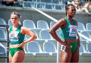 11 July 2021; Lauren Roy, left, and Gina Akpe-Moses after competing in round one of the Women's 4 x 100 metres relay during day four of the European Athletics U23 Championships at the Kadriorg Stadium in Tallinn, Estonia. Photo by Marko Mumm/Sportsfile
