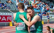 11 July 2021; Shane Monagle, right, and Cathal Crosbie of Ireland embrace after competing in round one of the Men's 4 x 400 metres  during day four of the European Athletics U23 Championships at the Kadriorg Stadium in Tallinn, Estonia. Photo by Marko Mumm/Sportsfile