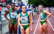 11 July 2021; Gina Akpe-Moses, left, with Aoife Lynch and Lauren Roy of Ireland after competing in round one of the Women's 4 x 100 metres relay during day four of the European Athletics U23 Championships at the Kadriorg Stadium in Tallinn, Estonia. Photo by Marko Mumm/Sportsfile
