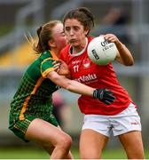 10 July 2021; Ciara O'Sullivan of Cork is tackled by Aoibhin Cleary of Meath during the TG4 All-Ireland Senior Ladies Football Championship Group 2 Round 1 match between Cork and Meath at St Brendan's Park in Birr, Offaly. Photo by Ray McManus/Sportsfile