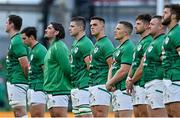 10 July 2021; James Hume of Ireland, centre, and his team-mates during the national anthems before the International Rugby Friendly match between Ireland and USA at the Aviva Stadium in Dublin. Photo by Brendan Moran/Sportsfile