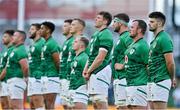 10 July 2021; Harry Byrne of Ireland and his team-mates during the national anthems before the International Rugby Friendly match between Ireland and USA at the Aviva Stadium in Dublin. Photo by Brendan Moran/Sportsfile