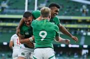 10 July 2021; Robert Baloucoune of Ireland celebrates with team-mates James Hume and Craig Casey after scoring their side's first try during the International Rugby Friendly match between Ireland and USA at the Aviva Stadium in Dublin. Photo by Brendan Moran/Sportsfile