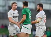 10 July 2021; Luke Carty of USA, left, shakes hands with Hugo Keenan of Ireland after the International Rugby Friendly match between Ireland and USA at the Aviva Stadium in Dublin. Photo by Brendan Moran/Sportsfile