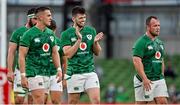 10 July 2021; Harry Byrne of Ireland, centre, celebrates with team-mates James Hume, left, and Ed Byrne after the International Rugby Friendly match between Ireland and USA at the Aviva Stadium in Dublin. Photo by Brendan Moran/Sportsfile
