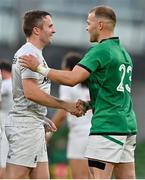 10 July 2021; Luke Carty of USA, left, shakes hands with Will Addison of Ireland after the International Rugby Friendly match between Ireland and USA at the Aviva Stadium in Dublin. Photo by Brendan Moran/Sportsfile