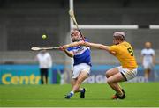 10 July 2021; Jack Kelly of Laois in action against Eoghan Campbell of Antrim during the GAA Hurling All-Ireland Senior Championship preliminary round match between Antrim and Laois at Parnell Park in Dublin. Photo by Seb Daly/Sportsfile